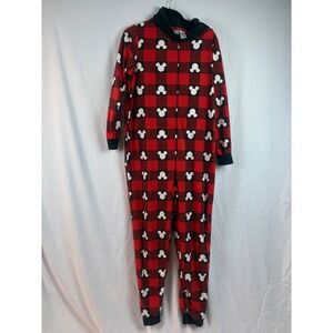 Mickey Mouse Red Buffalo Plaid Fleece Hooded Pajamas One Piece‎ Jumpsuit